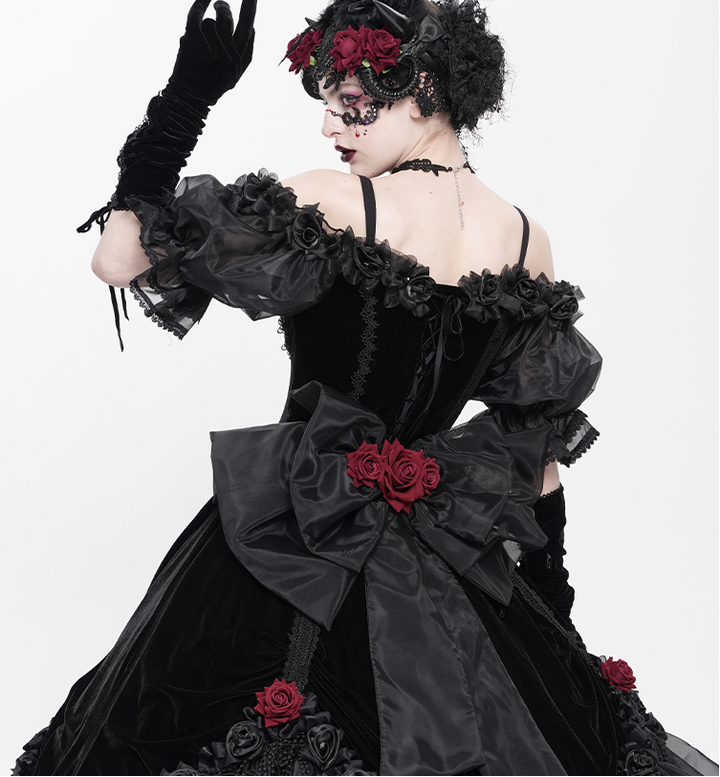 Victorian-Inspired Black Gothic Lolita Ball Gown with Burgundy Satin and Edwardian Lace – Gothic Evening Dress Plus Size