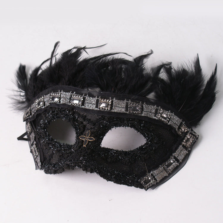 Victorian-Inspired Handcrafted Gothic Black Masquerade Mask for Men – Lace Mardi Gras Mask with Feather