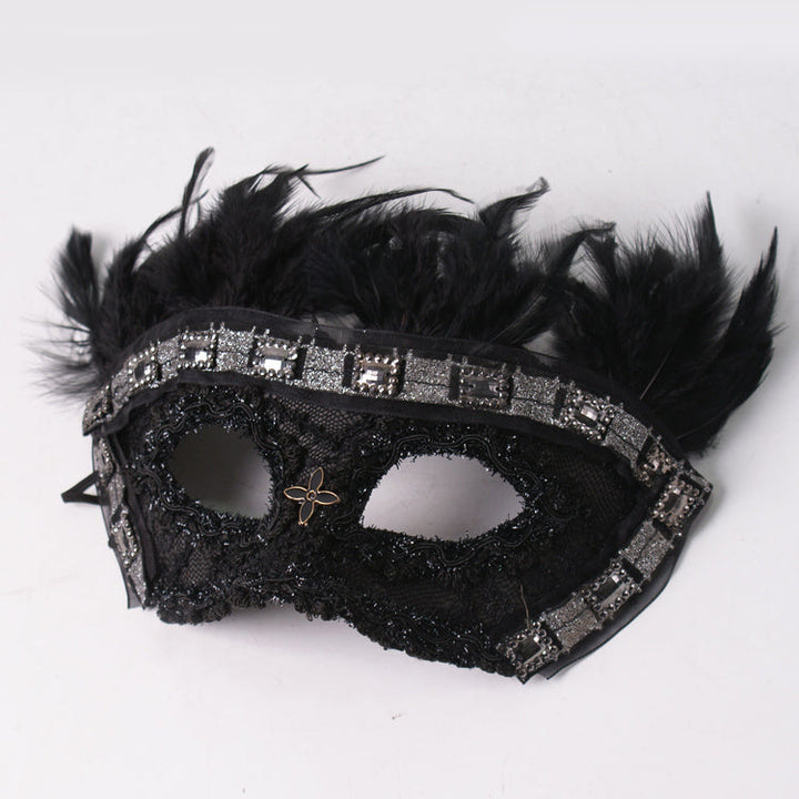 Victorian-Inspired Handcrafted Gothic Black Masquerade Mask for Men – Lace Mardi Gras Mask with Feather
