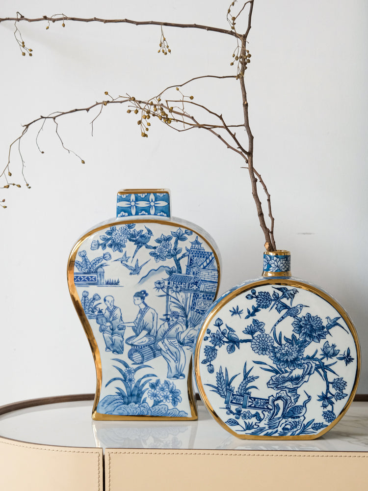French Imported Oriental Hand-Painted Blue and White Porcelain Vases with Gilded Accents