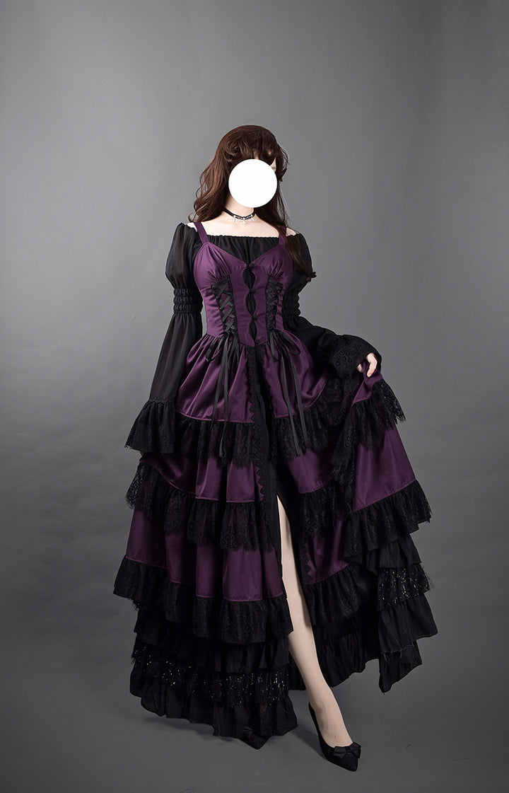 Victorian-Inspired Gothic Purple and Black Lace Ball Gown with Corset Bodice – Layered Satin Evening Dress Plus Size