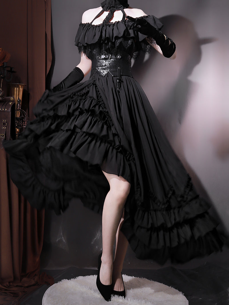 Victorian-Inspired Black Gothic Halter Ball Gown with Lace Ruffles – Lolita Dress with Off-Shoulder Design Plus Size