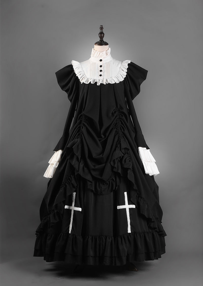 Victorian-Inspired Black and White Gothic Ball Gown with Cross Embroidery – Edwardian High Neck Lolita Dress Plus Size
