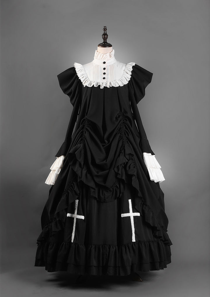 Victorian-Inspired Black and White Gothic Ball Gown with Cross Embroidery – Edwardian High Neck Lolita Dress Plus Size