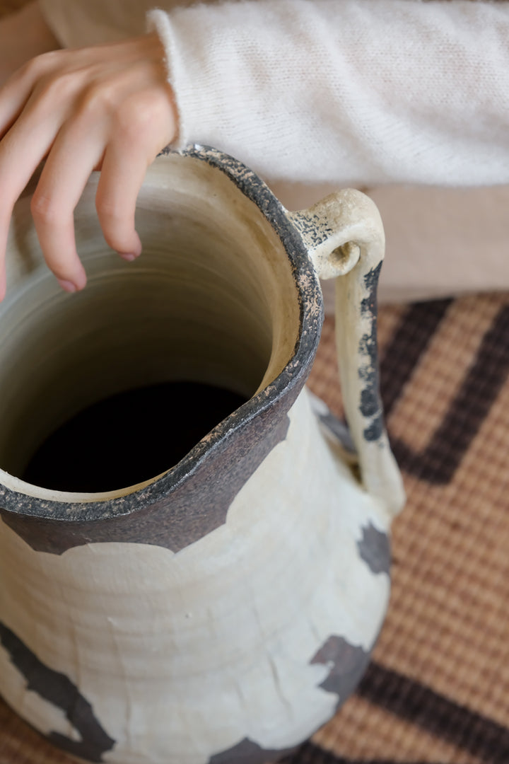 Artistical Handmade Moroccan Black and White Clay Vase with Rustic Minimalist Finish