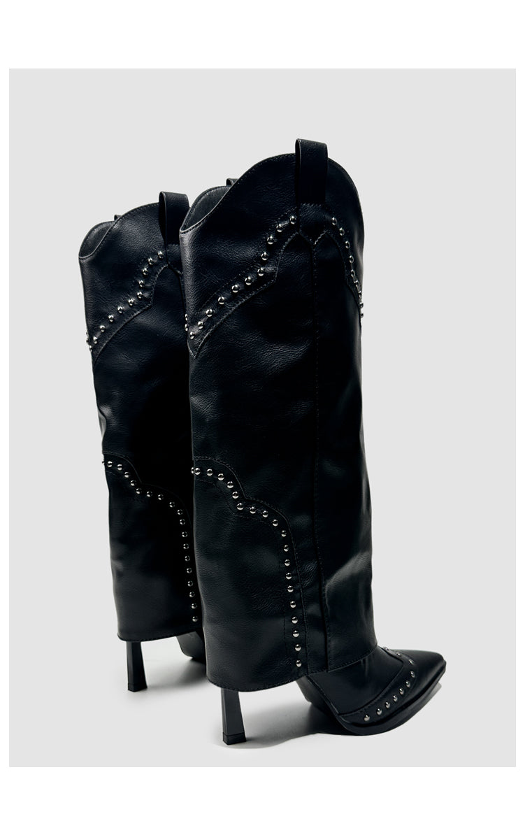 Vintage-Inspired Handmade Gothic Black Cowhide Leather Cowgirl Boots and Boho Western Heeled Boots