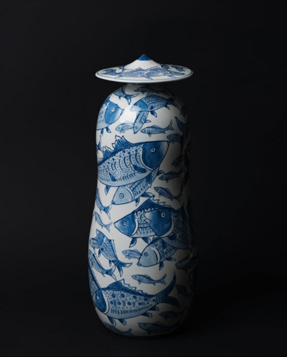 Oriental Handmade French Blue and White Porcelain Vase and Box Set with Hand-Painted Fish Motifs