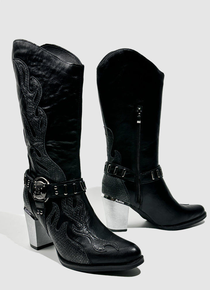 Vintage-Inspired Handmade Gothic Black Cowhide Leather Cowgirl Boots with Metal Heel Western Mid Calf Boots