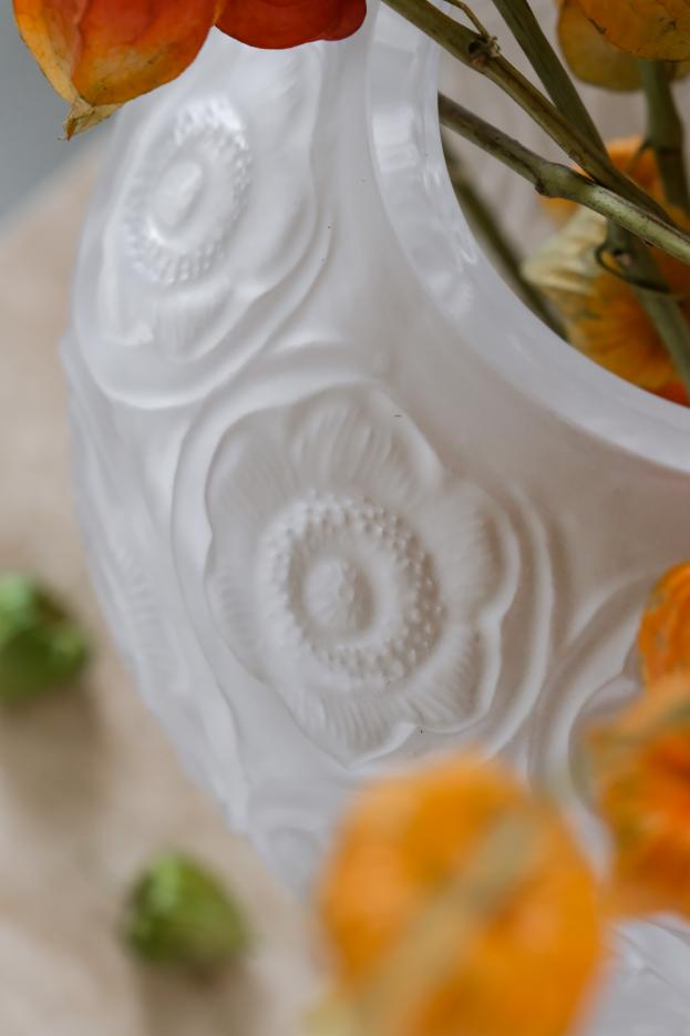 Antique French Handcrafted Transparent Frosted Crystal Glass Vase with Embossed Floral Motifs
