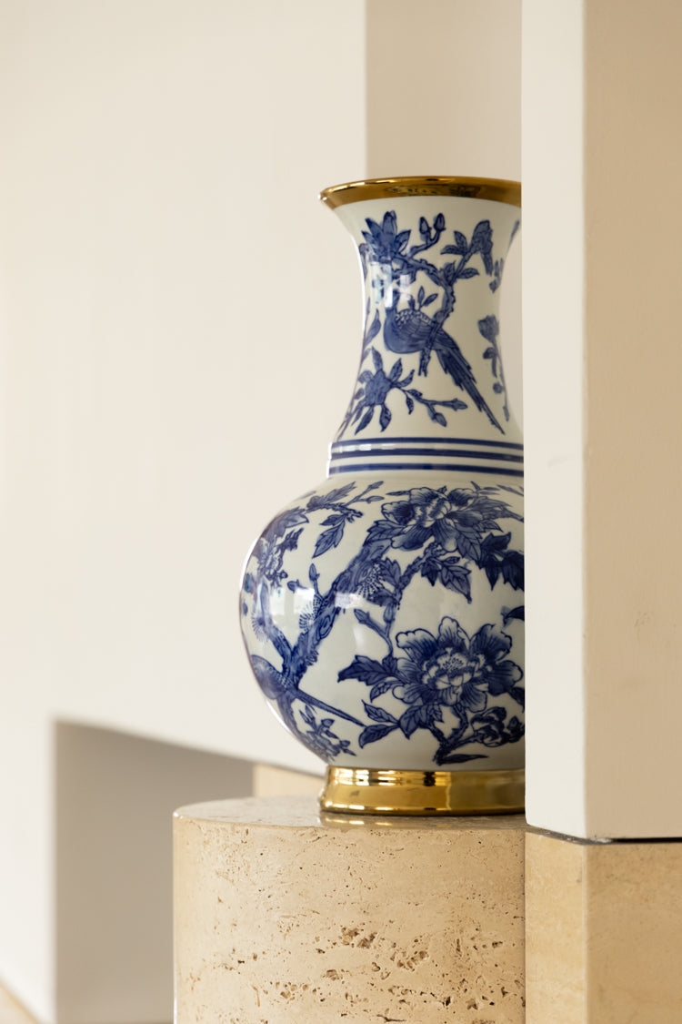 Oriental Handcrafted French Import Blue and White Porcelain Vase with Gilded Accents Wide-Mouth Belly Shape