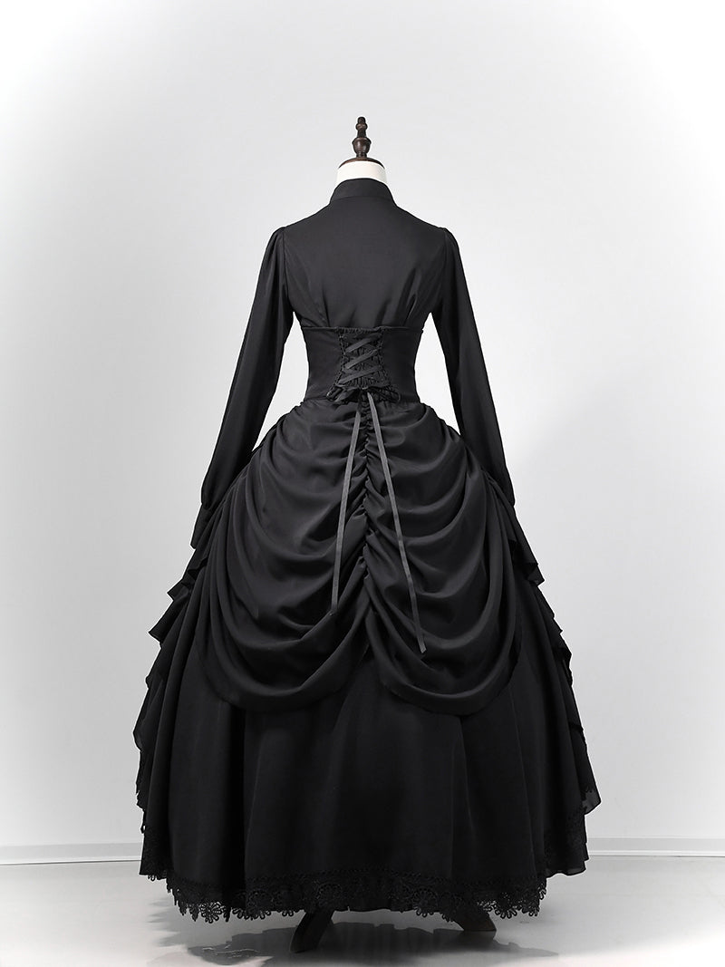 Victorian-Inspired Gothic Black Lace High Neck Ball Gown with Tiered Ruffled Skirt – Corset Back Evening Dress Plus Size
