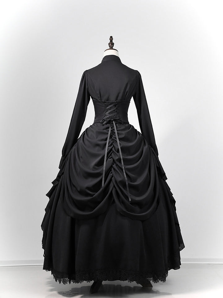 Victorian-Inspired Gothic Black Lace High Neck Ball Gown with Tiered Ruffled Skirt – Corset Back Evening Dress Plus Size