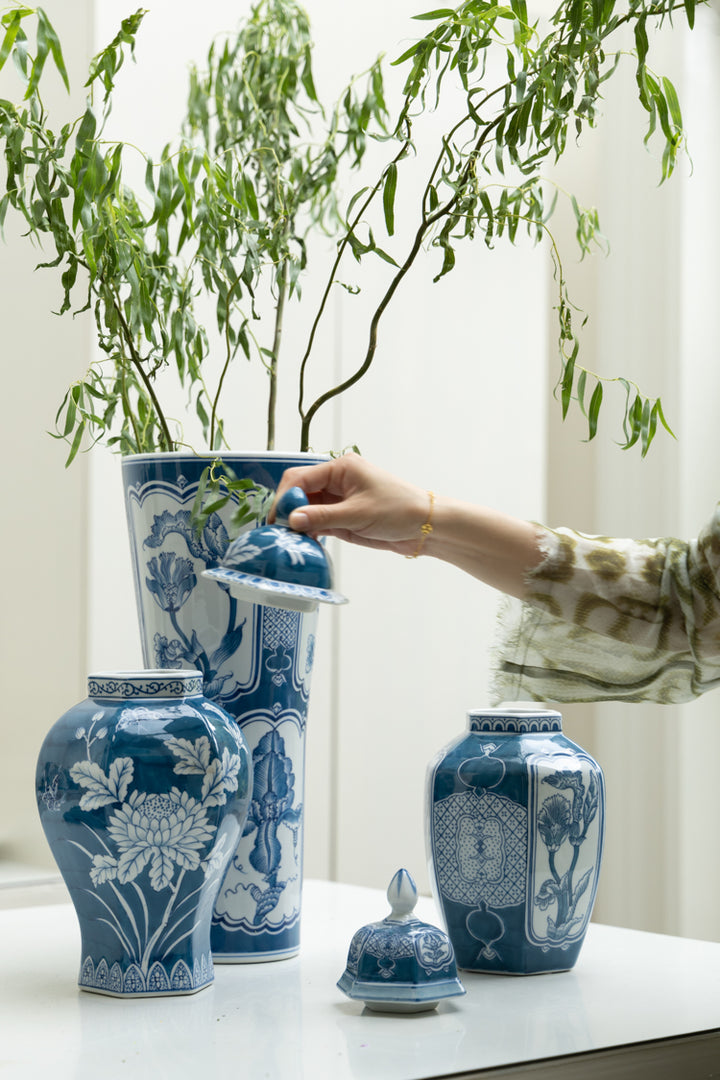 Antique Handmade Blue and White Porcelain Vase with Hand Painted Floral and Pomegranate Design