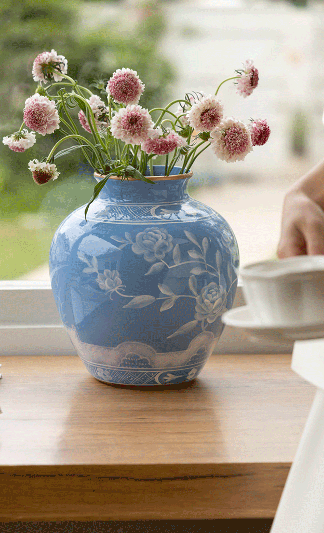 Antique Italian Smoky Blue and White Porcelain Vase with Hand-Painted Floral Motifs and Gilded Rim