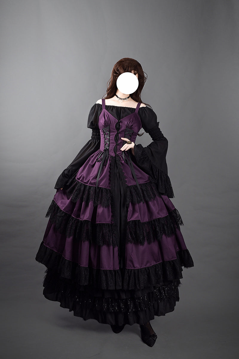 Victorian-Inspired Gothic Purple and Black Lace Ball Gown with Corset Bodice – Layered Satin Evening Dress Plus Size