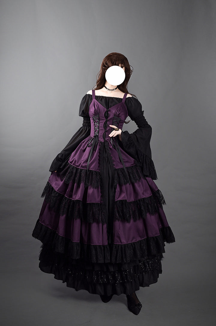 Victorian-Inspired Gothic Purple and Black Lace Ball Gown with Corset Bodice – Layered Satin Evening Dress Plus Size