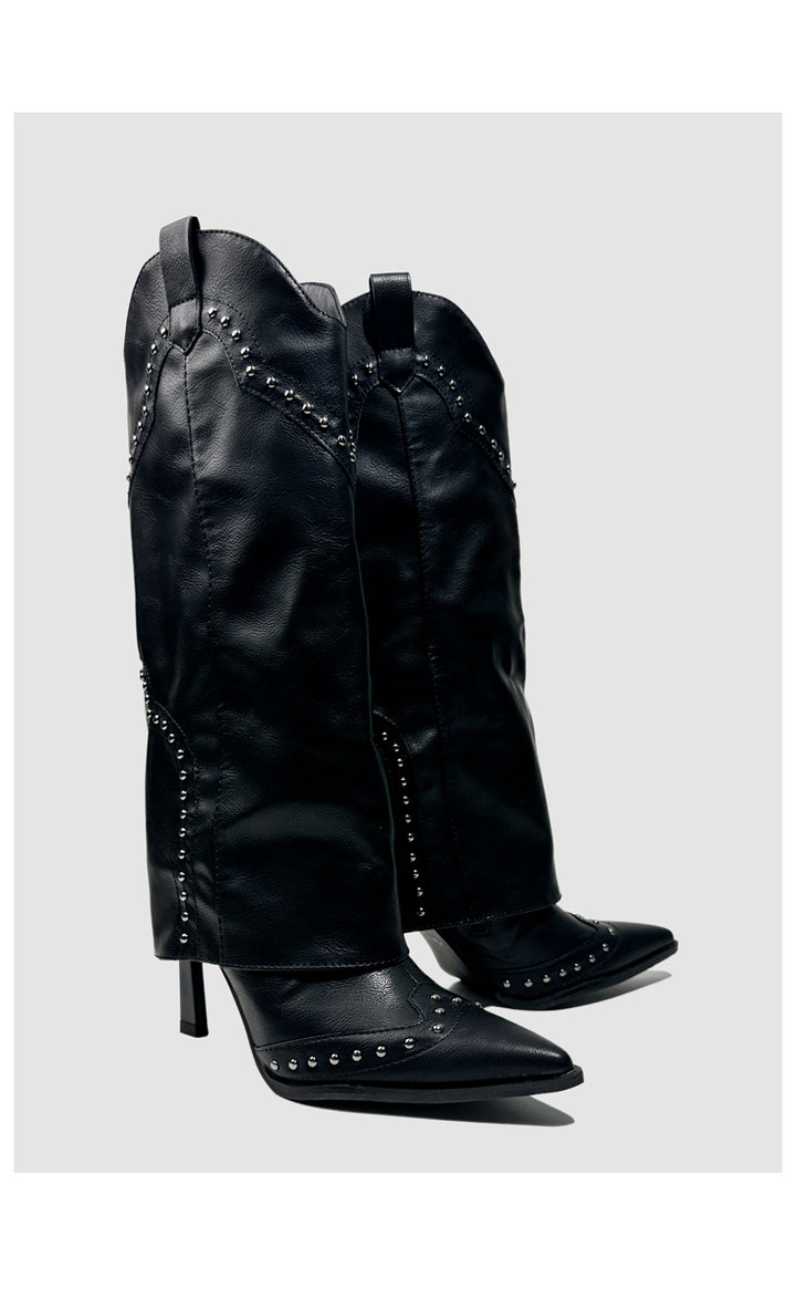 Vintage-Inspired Handmade Gothic Black Cowhide Leather Cowgirl Boots and Boho Western Heeled Boots