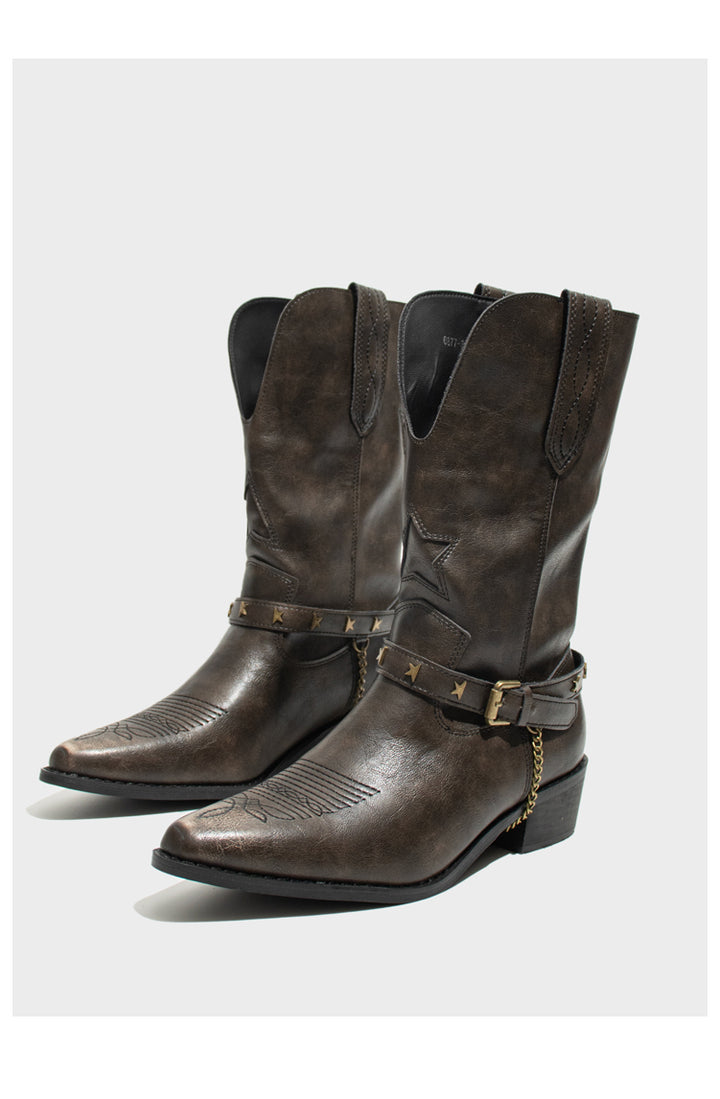 Vintage-Inspired Handmade Boho Brown Cowhide Leather Cowgirl Boots and Boho Western Boots