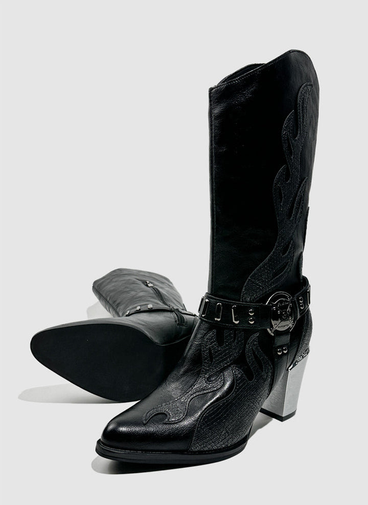 Vintage-Inspired Handmade Gothic Black Cowhide Leather Cowgirl Boots with Metal Heel Western Mid Calf Boots