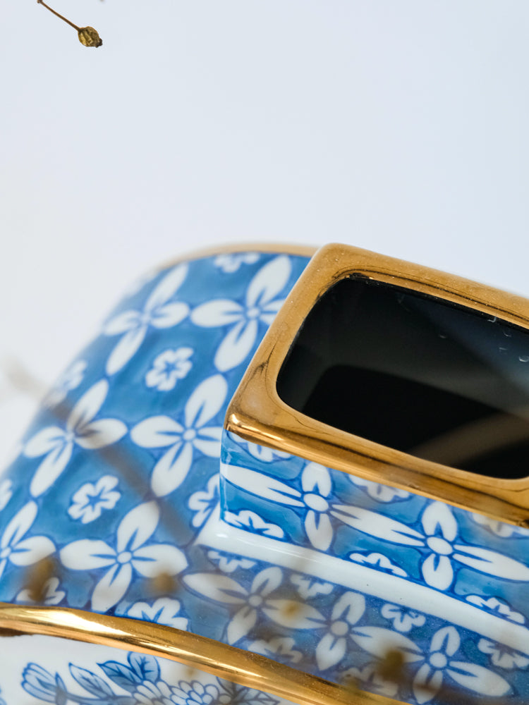 French Imported Oriental Hand-Painted Blue and White Porcelain Vases with Gilded Accents