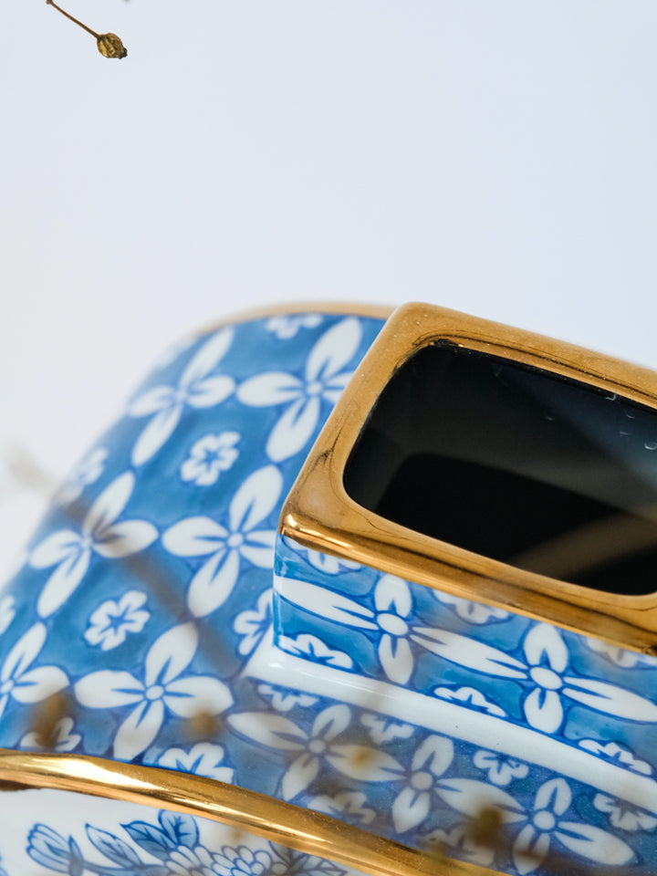 French Imported Oriental Hand-Painted Blue and White Porcelain Vases with Gilded Accents