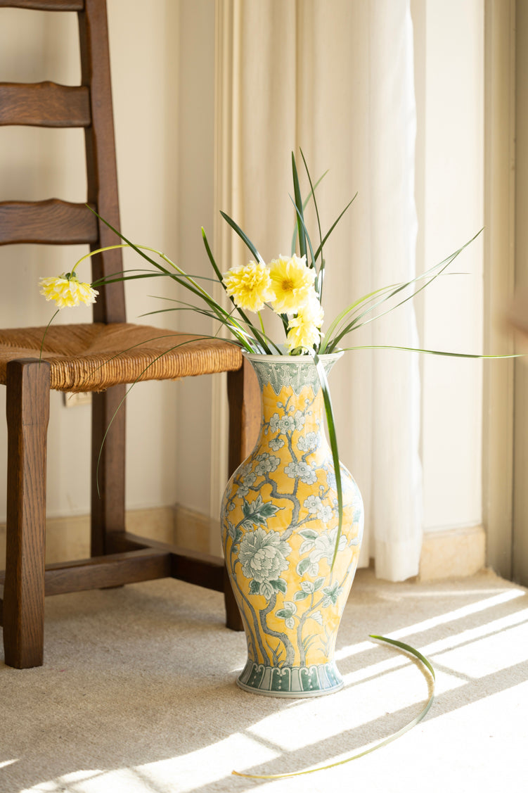 Antique European Imported Handmade Yellow Porcelain Vase with Hand-Painted Floral Motifs