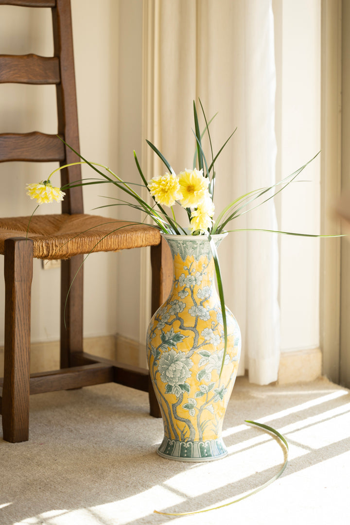 Antique European Imported Handmade Yellow Porcelain Vase with Hand-Painted Floral Motifs