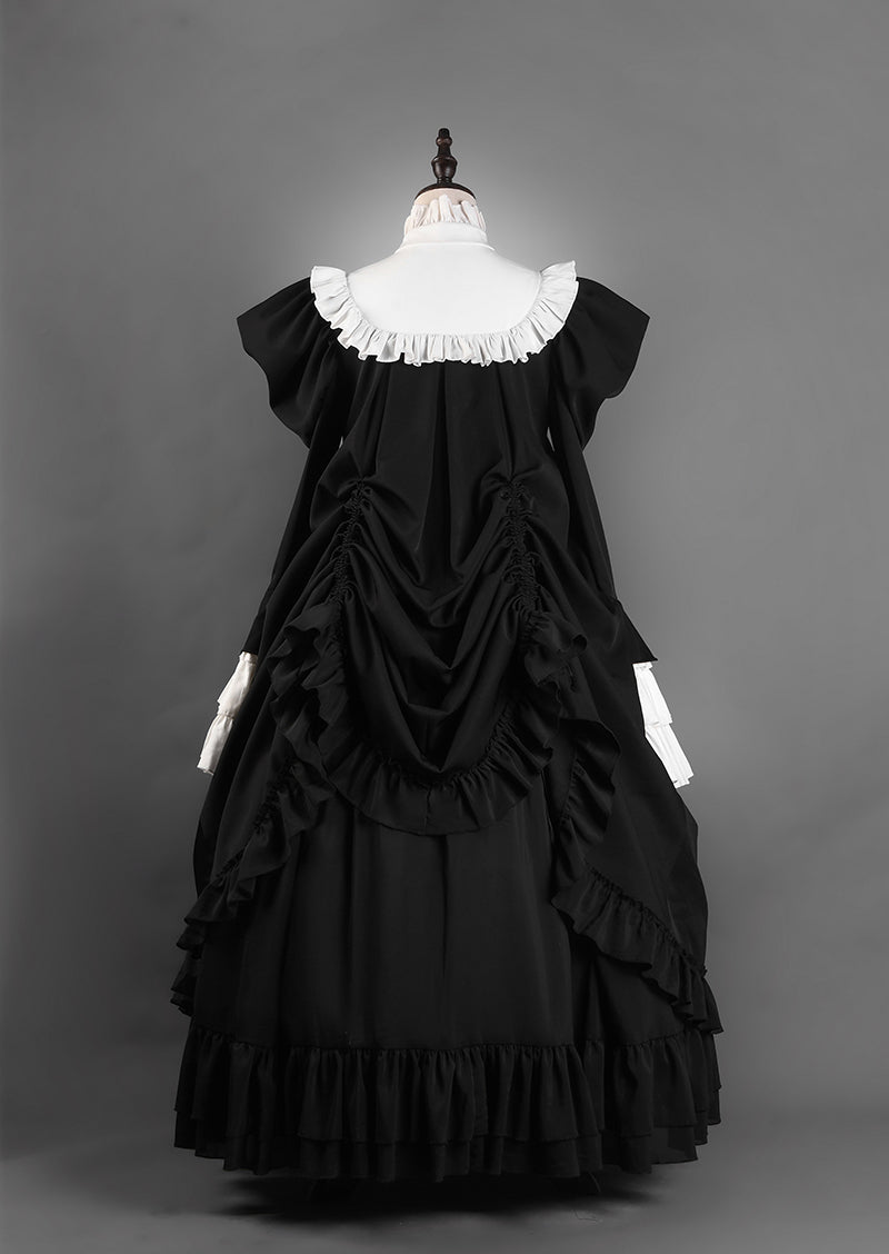 Victorian-Inspired Black and White Gothic Ball Gown with Cross Embroidery – Edwardian High Neck Lolita Dress Plus Size