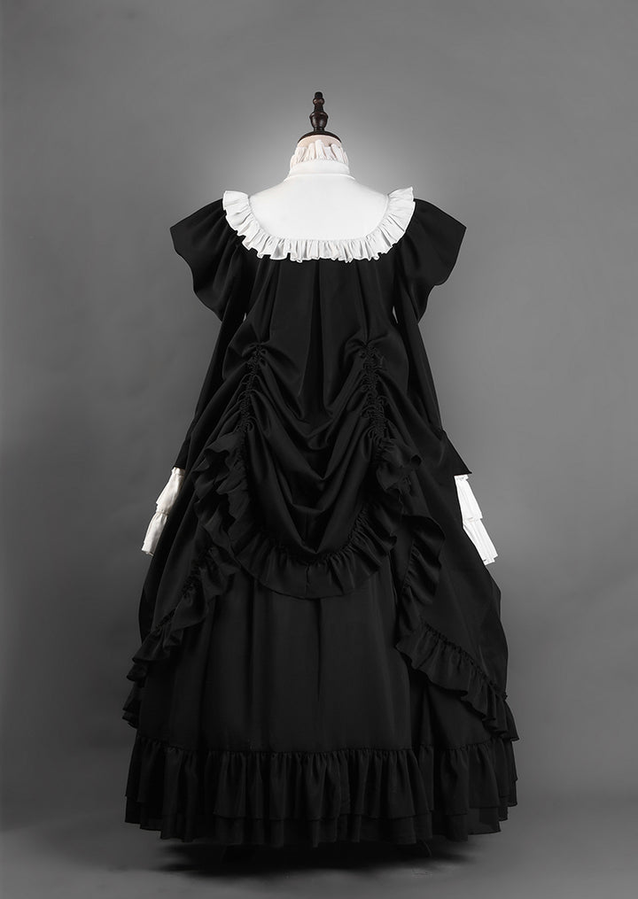 Victorian-Inspired Black and White Gothic Ball Gown with Cross Embroidery – Edwardian High Neck Lolita Dress Plus Size