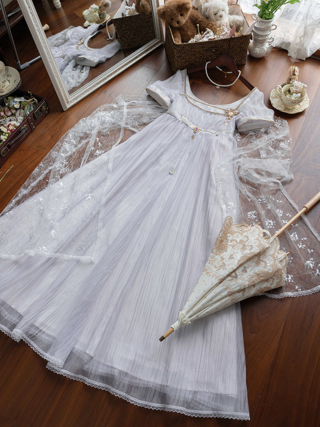 Regency Era Lavender Puprple Empire Waist Dress with Puff Sleeves and Gold Trim – Bridgerton Inspired Regency Era Dress Plus Size