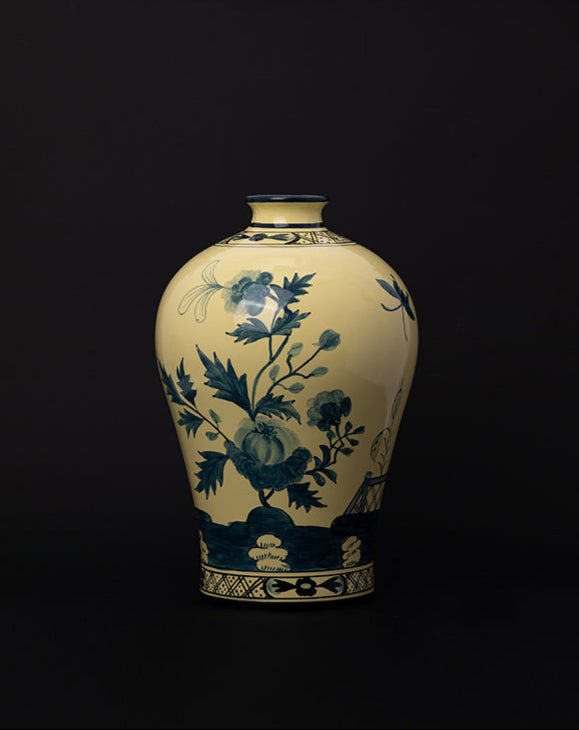 Oriental Italian Handmade Porcelain Vase in Naples Yellow with Cobalt Blue Floral Motifs