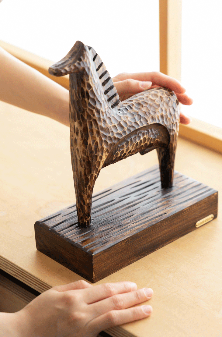 Medieval Handmade African Brown Wooden Horse Sculpture with Textured Carving France Import