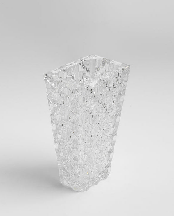 Antique French Handmade Pure Carved Crystal Vase with Rectangular Architectural Design