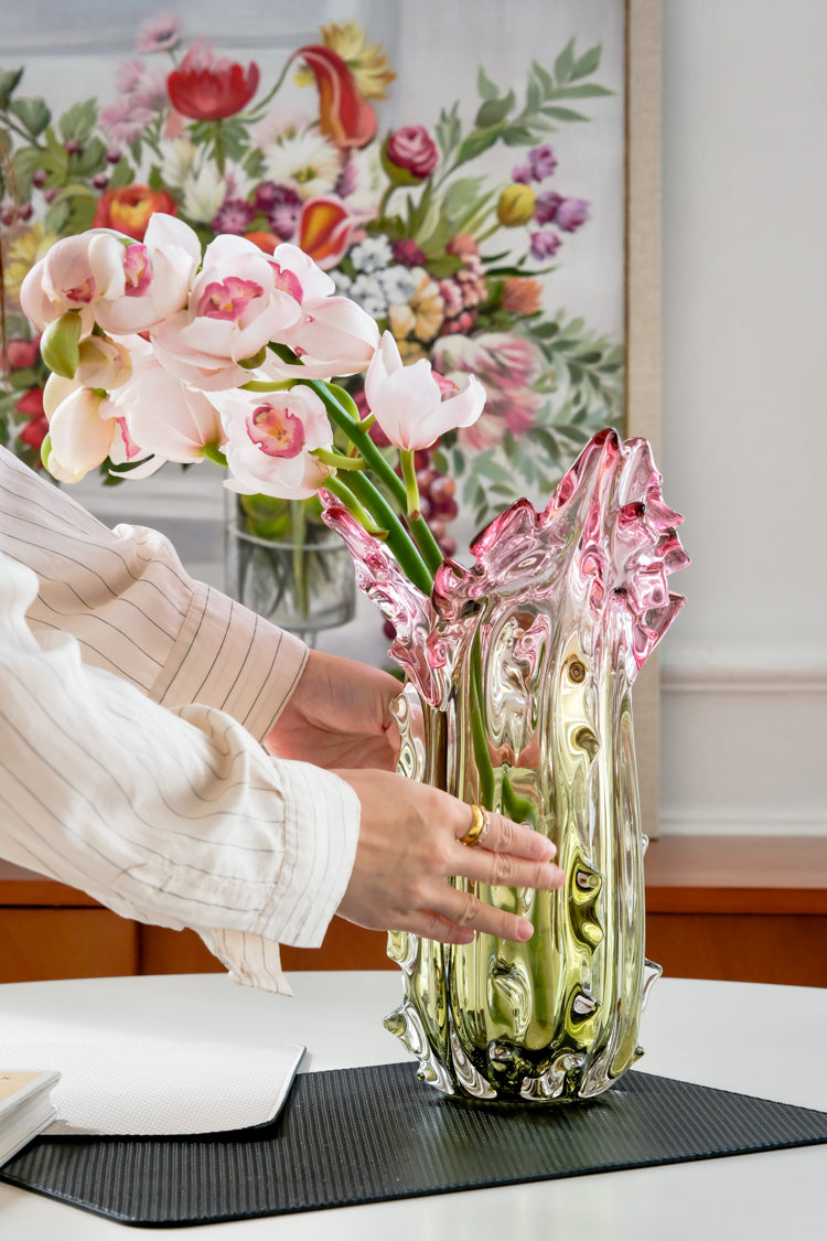 Luxury Handmade French Baccarat Crystal Vase in Gradient Pink and Green Hand-Blown Heavy Crystal