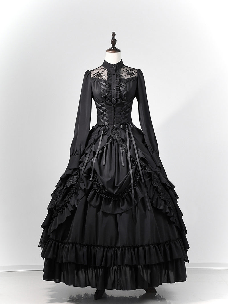 Victorian-Inspired Gothic Black Lace High Neck Ball Gown with Tiered Ruffled Skirt – Corset Back Evening Dress Plus Size