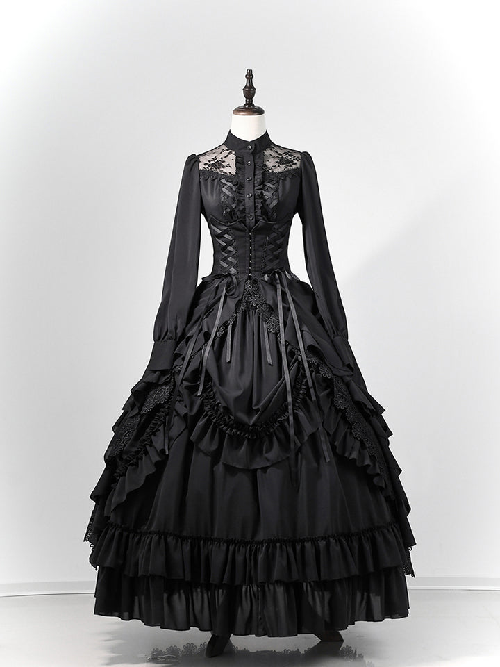 Victorian-Inspired Gothic Black Lace High Neck Ball Gown with Tiered Ruffled Skirt – Corset Back Evening Dress Plus Size