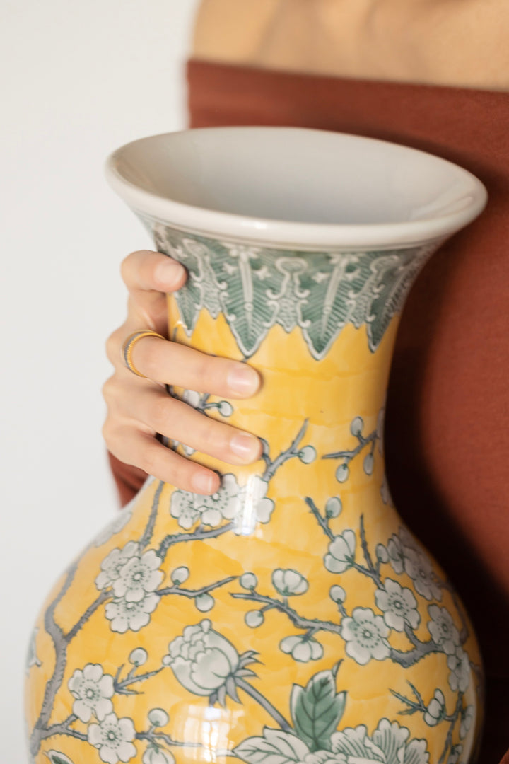 Antique European Imported Handmade Yellow Porcelain Vase with Hand-Painted Floral Motifs