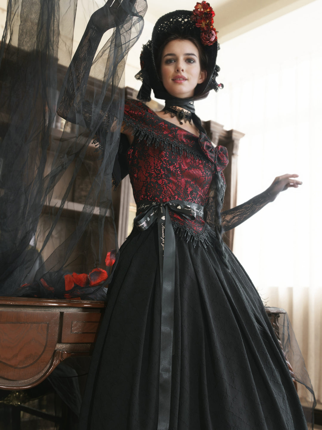 Victorian-Inspired Gothic Black and Red Gothic Dress with Satin Corset Bodice – Off-Shoulder Ball Gown Plus Size