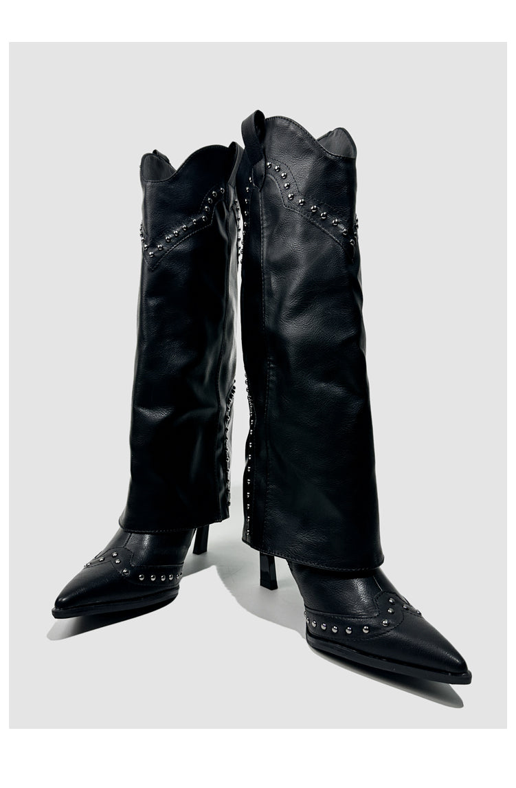 Vintage-Inspired Handmade Gothic Black Cowhide Leather Cowgirl Boots and Boho Western Heeled Boots
