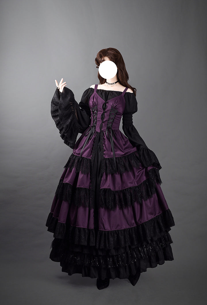 Victorian-Inspired Gothic Purple and Black Lace Ball Gown with Corset Bodice – Layered Satin Evening Dress Plus Size