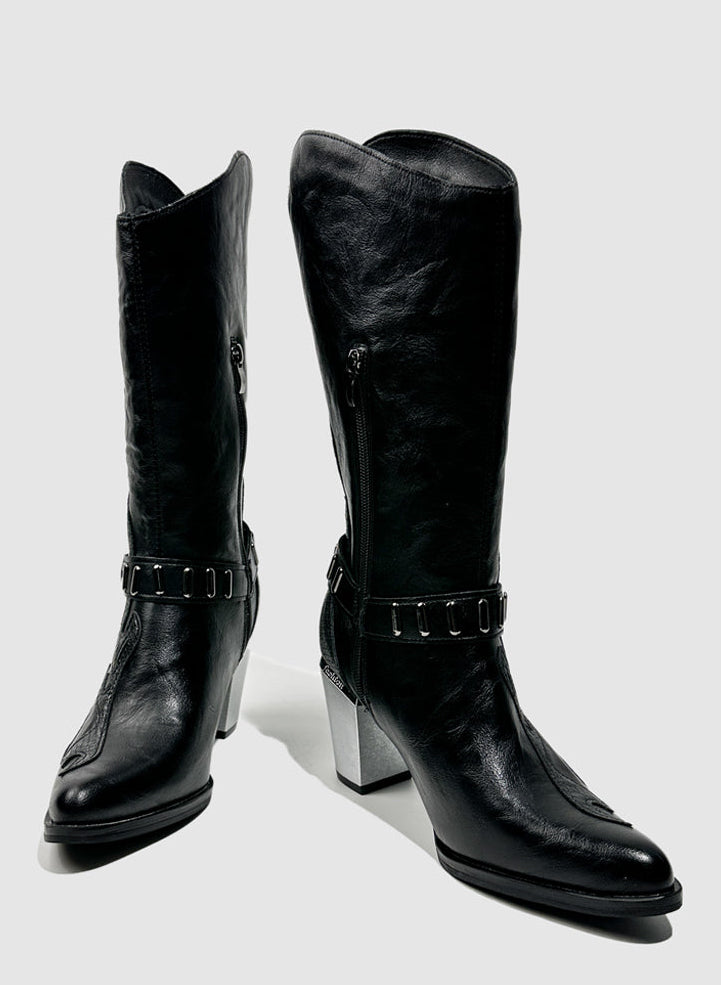 Vintage-Inspired Handmade Gothic Black Cowhide Leather Cowgirl Boots with Metal Heel Western Mid Calf Boots
