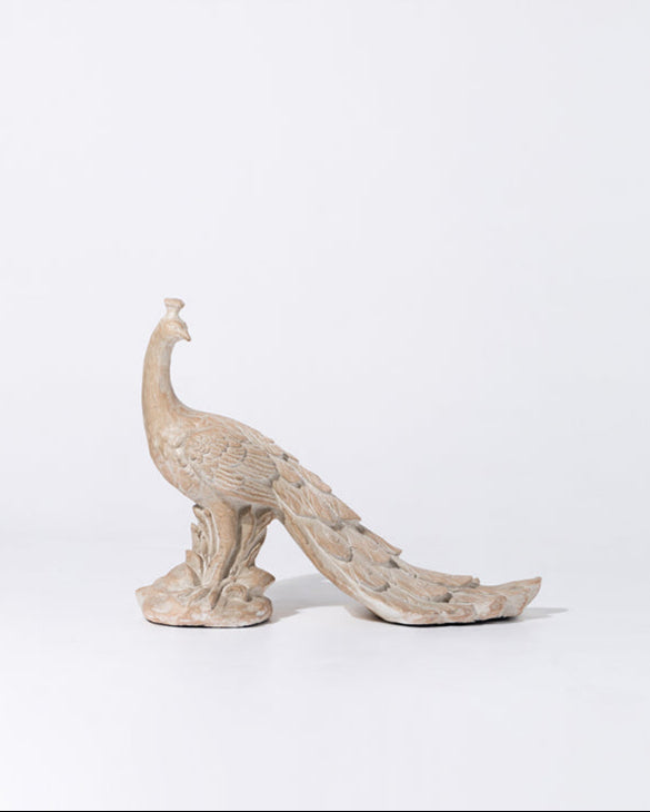 Medieval Handmade French White Peacock Sculpture and Decorative Figurine in Sun-Bleached Ivory Finish