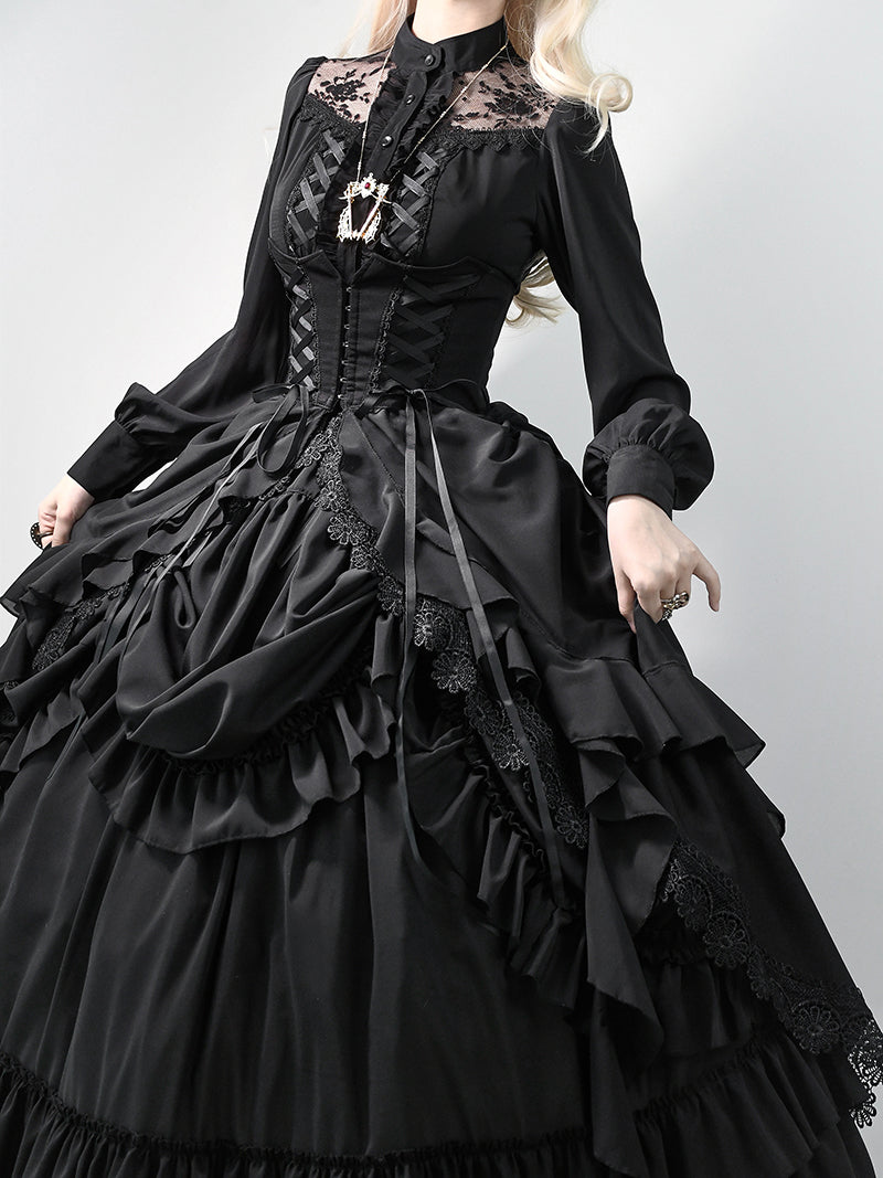 Victorian-Inspired Gothic Black Lace High Neck Ball Gown with Tiered Ruffled Skirt – Corset Back Evening Dress Plus Size