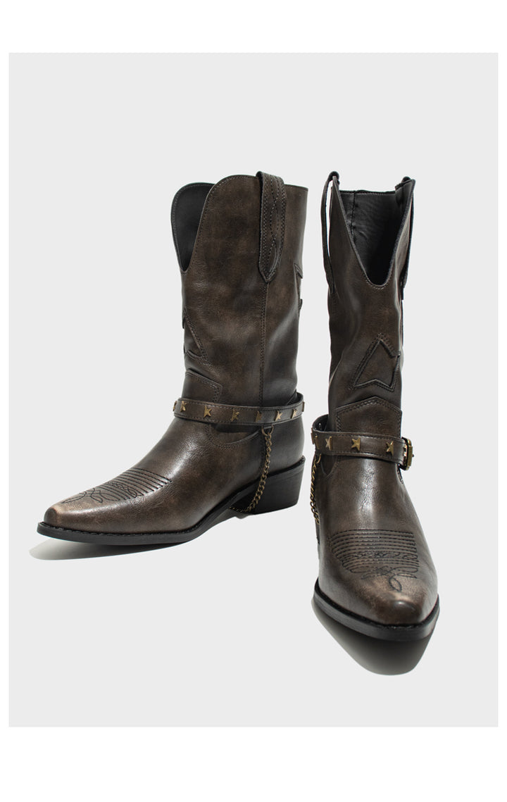 Vintage-Inspired Handmade Boho Brown Cowhide Leather Cowgirl Boots and Boho Western Boots