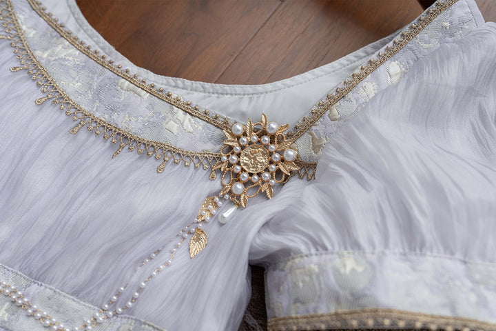 Regency Era Lavender Puprple Empire Waist Dress with Puff Sleeves and Gold Trim – Bridgerton Inspired Regency Era Dress Plus Size