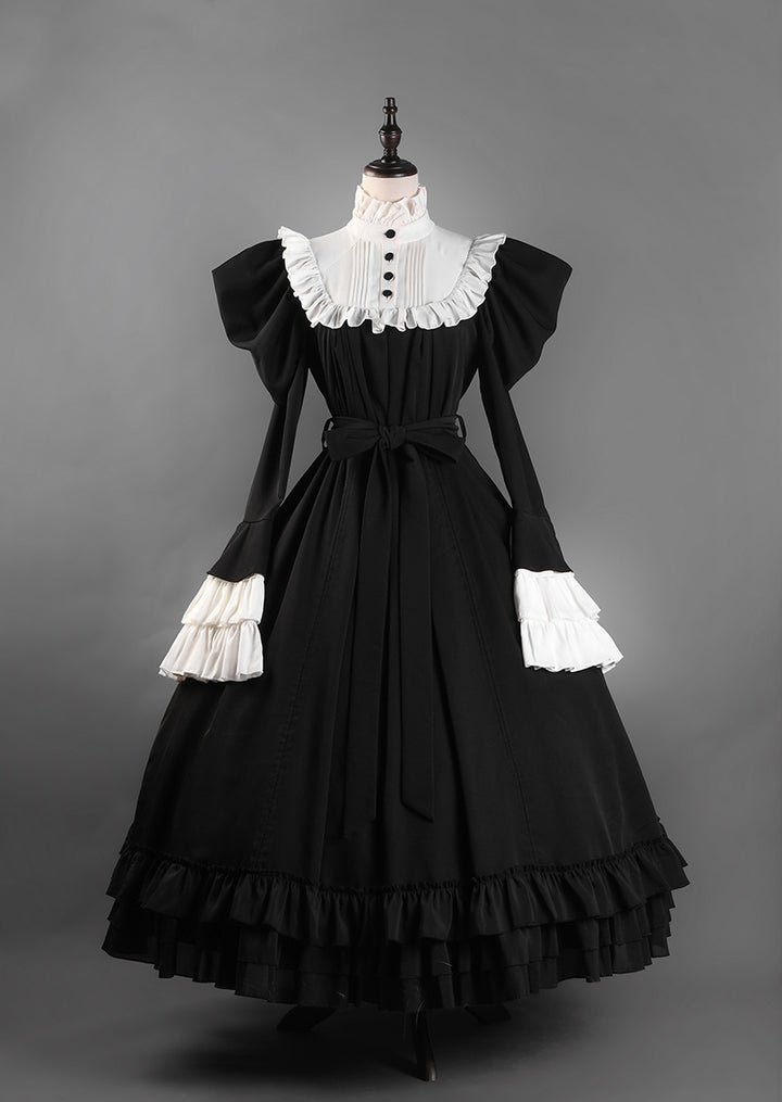 Victorian-Inspired Black and White Gothic Ball Gown with Cross Embroidery – Edwardian High Neck Lolita Dress Plus Size