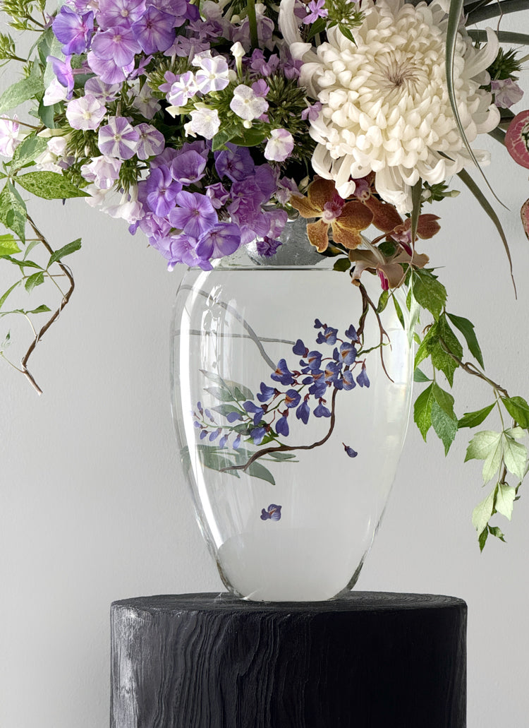 Art Deco Handmade Italian Blown Glass Vase and Glass Decor with Hand-Painted Wisteria Design