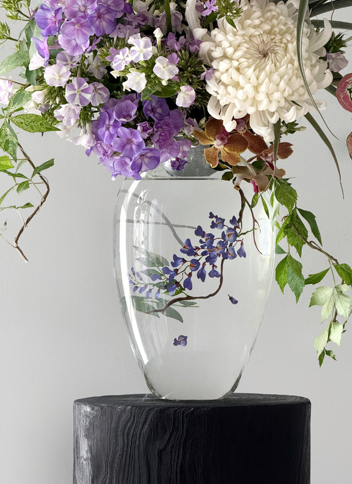 Art Deco Handmade Italian Blown Glass Vase and Glass Decor with Hand-Painted Wisteria Design