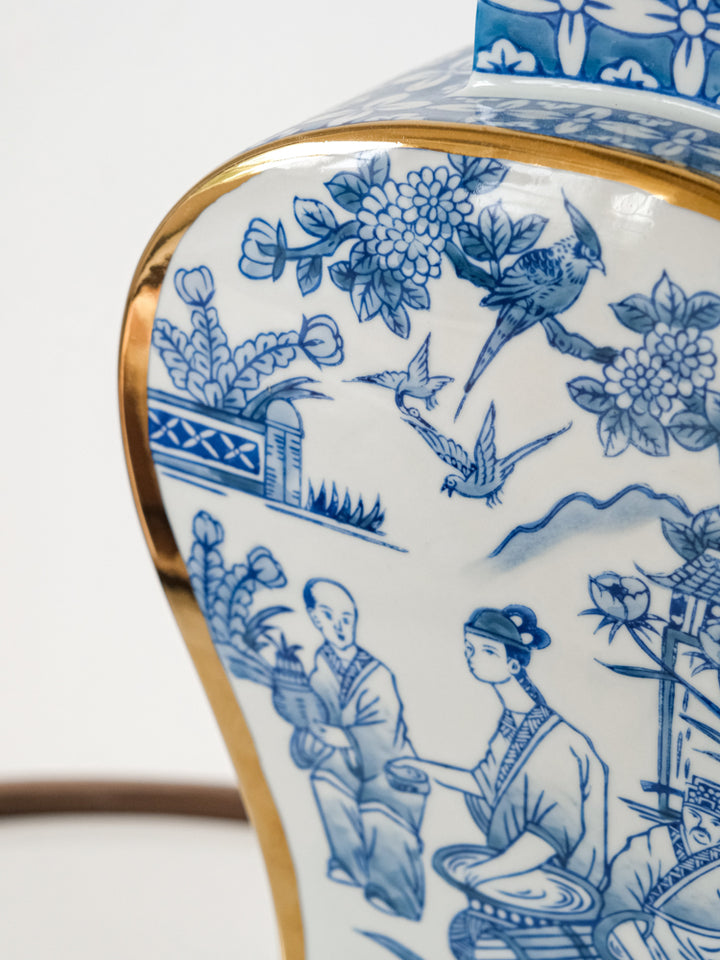 French Imported Oriental Hand-Painted Blue and White Porcelain Vases with Gilded Accents