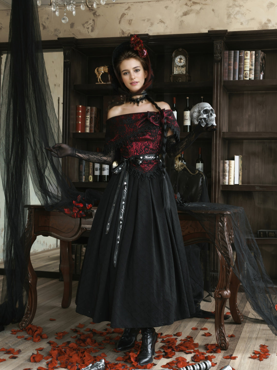 Victorian-Inspired Gothic Black and Red Gothic Dress with Satin Corset Bodice Off-Shoulder Ball Gown Plus Size Victorian-Inspired Gothic Black and Red Gothic Dress with Satin Corset Bodice Off-Shoulder Ball Gown Plus Size